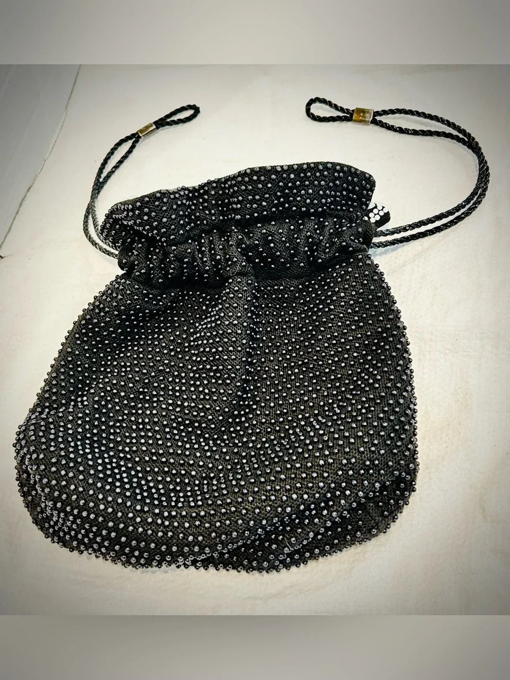 Vintage Beaded Candy Dot Reversible Drawstring Pouch Bag Purse Hippie Whimsical